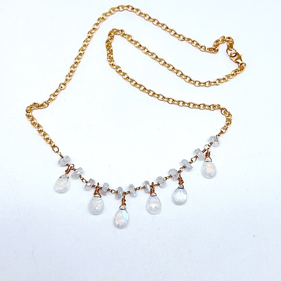 Rainbow Moonstone or Labradorite Briolette & Rondelle Necklace on Chains NWT - Picture 8 of 11